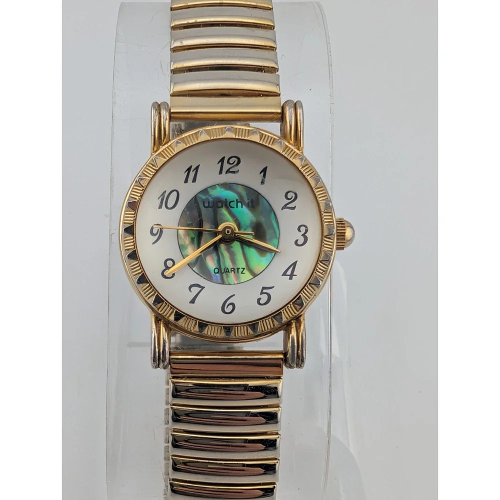 Vintage Watch-It Women's Abalone Dial Gold Stretch Band Watch- New Battery